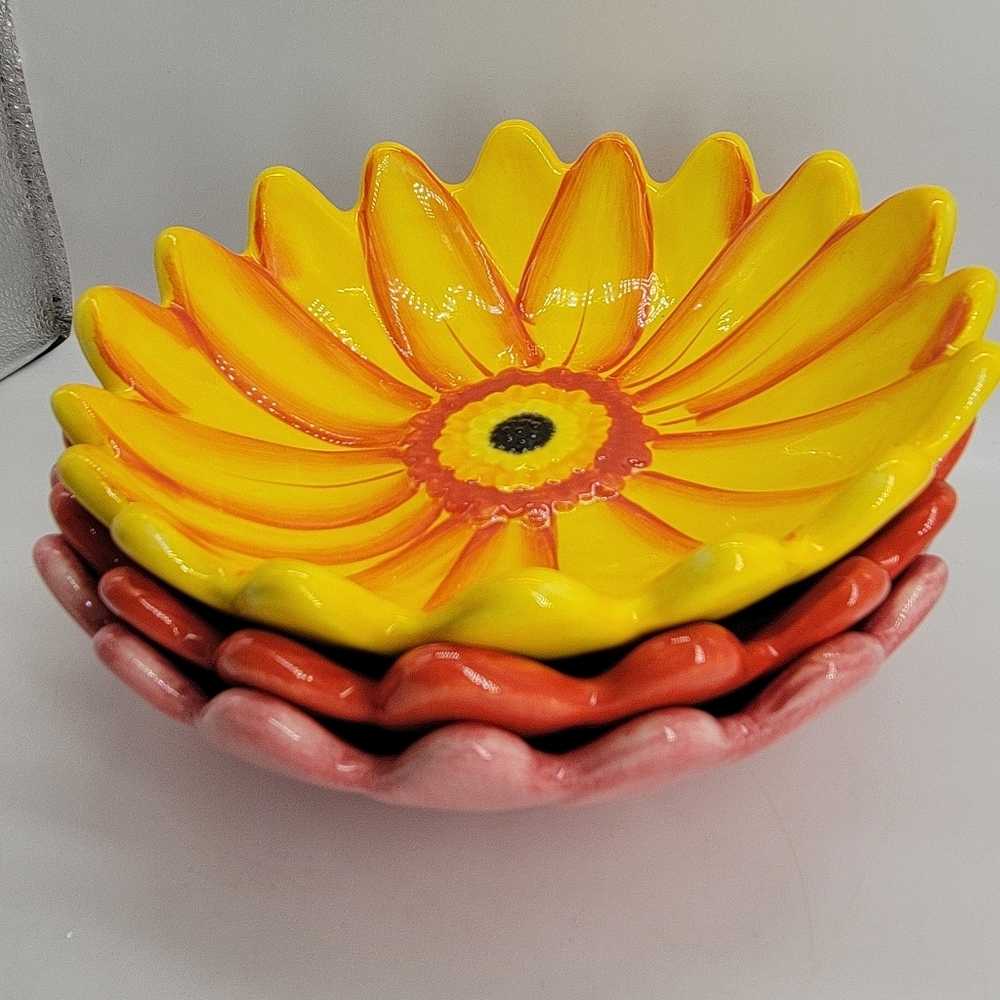 Clay Art Glazed Pottery Decorative Sunflower Serving Bowl 7" Stoneware Lot of 3 - Picture 3 of 6
